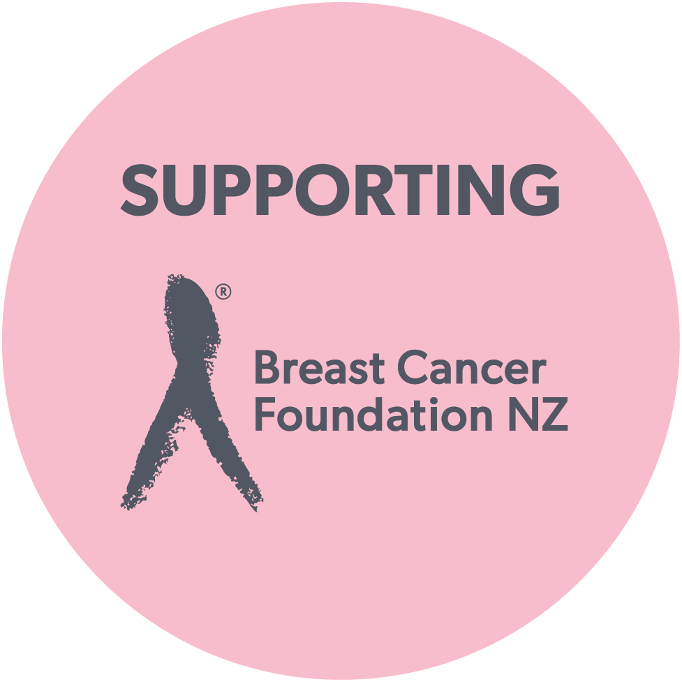 Supporting Breast Cancer Foundation NZ logo with pink background and awareness ribbon.