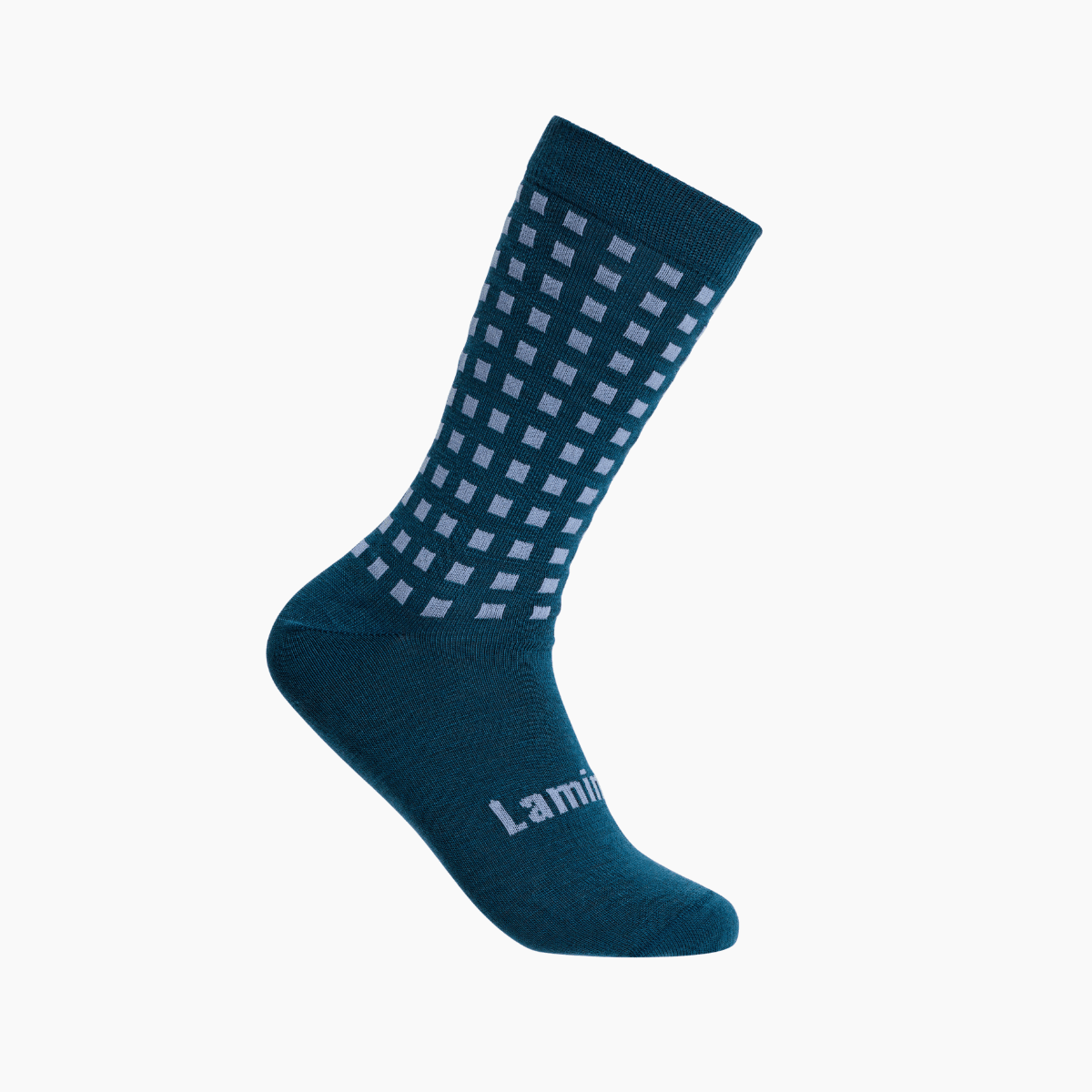 Merino Wool Crew Socks for men featuring a deep teal color with a light blue grid pattern.