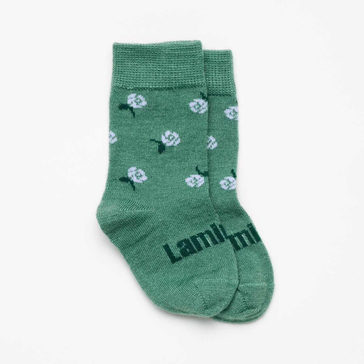Merino Wool Crew Socks | BABY | Heather featuring green base with purple flowers and dark green leaves design