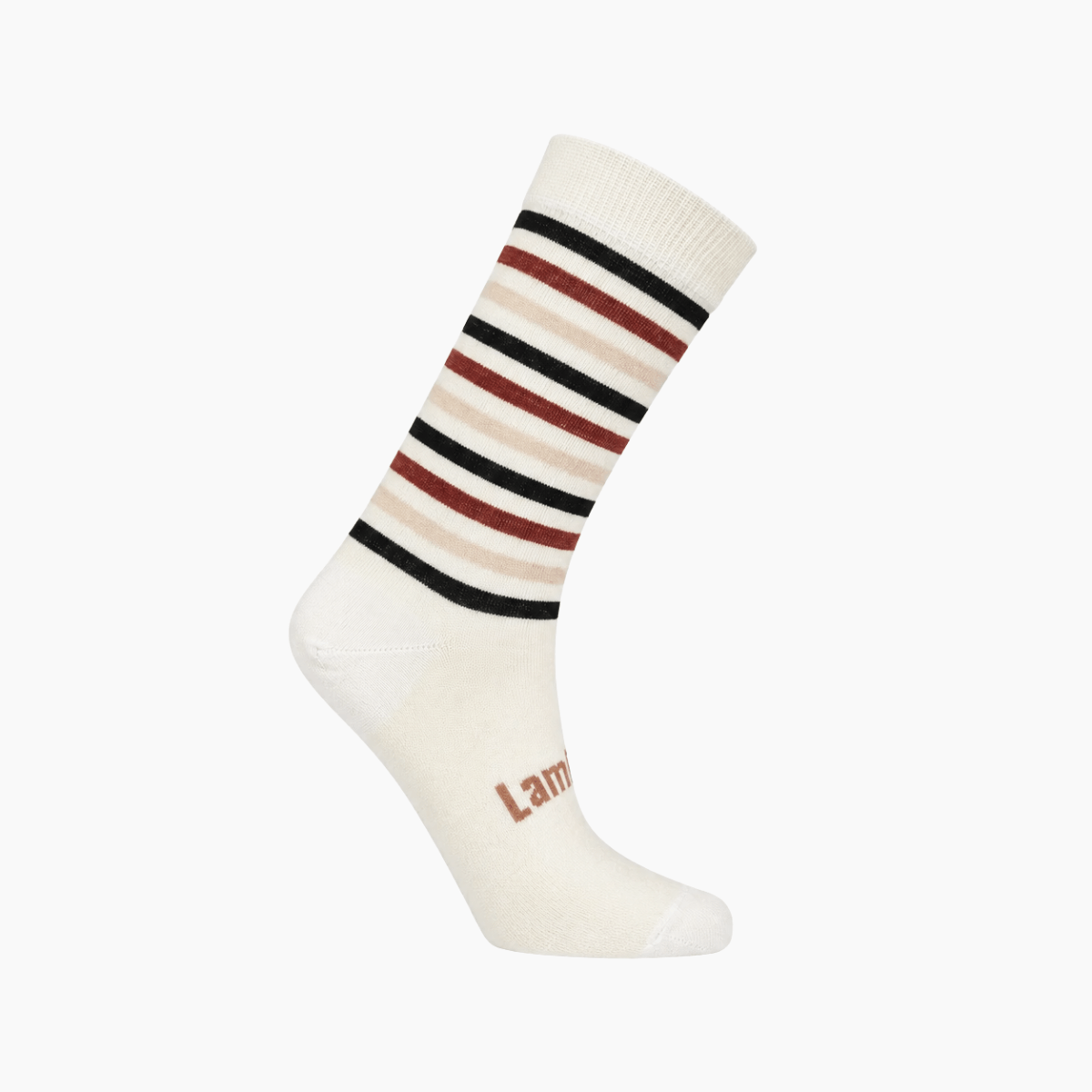 Merino Wool Crew Socks for Women in cream with striped design featuring black and red accents, labeled Kayla.