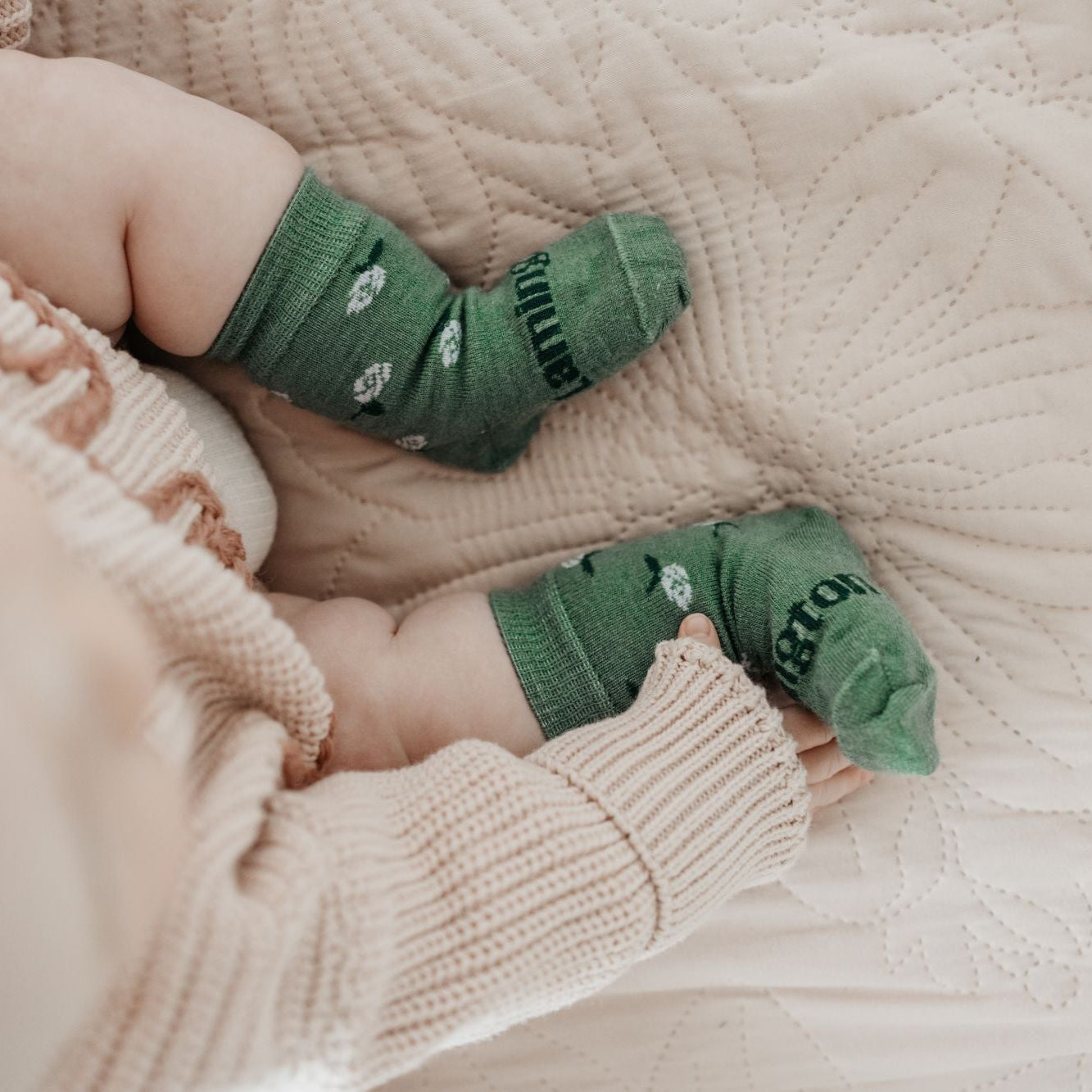Merino Wool Crew Socks | BABY | Heather featuring green base with purple flowers and dark green leaves design