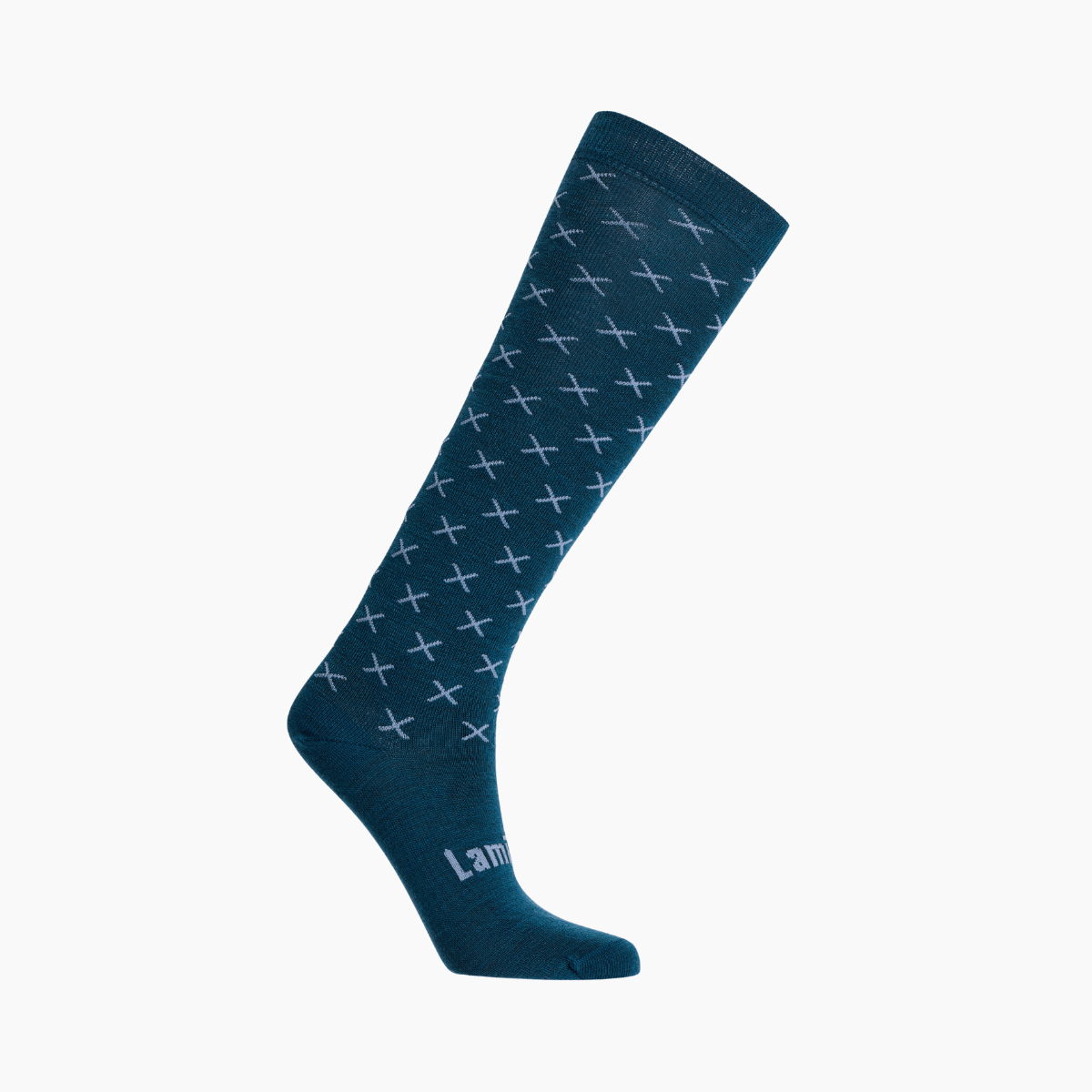 Merino Wool Knee High Socks for Woman with deep blue base and baby blue cross pattern