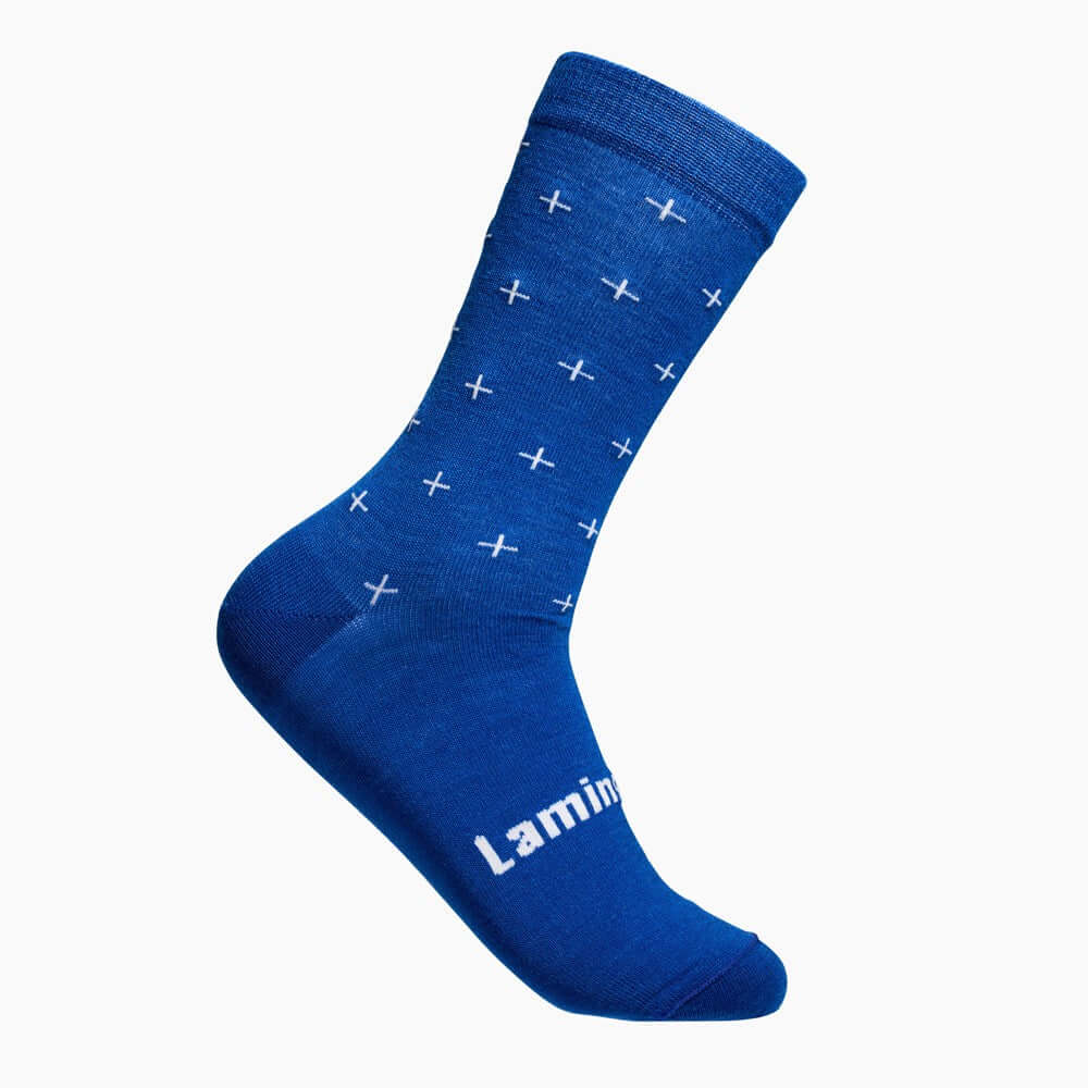 Merino Wool Crew Socks | MAN | Hampton in blue with white crosses design, New Zealand made, perfect for men.