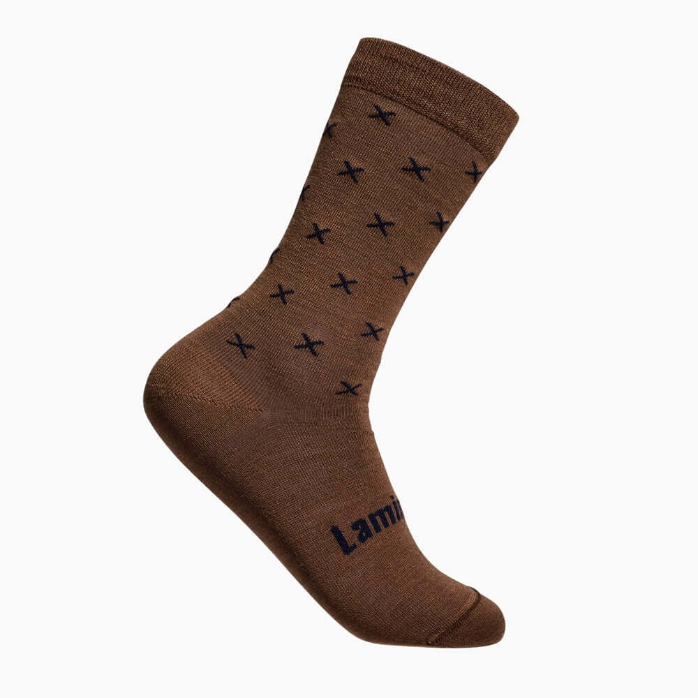 Brown with Dark Blue Crosses merino wool crew socks for men