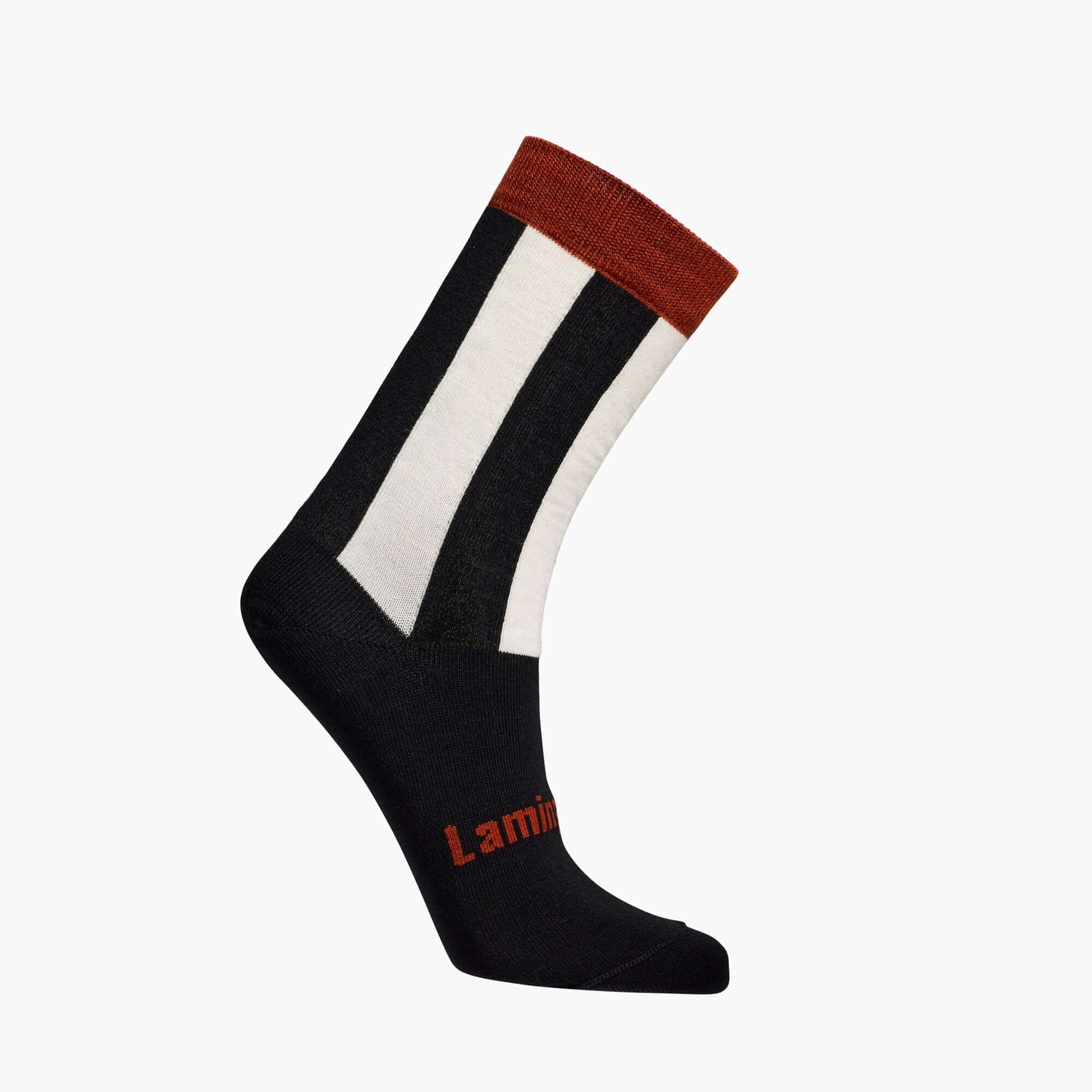 Womens merino wool crew socks Black and cream stripe with rust cuff by Lamington Australia