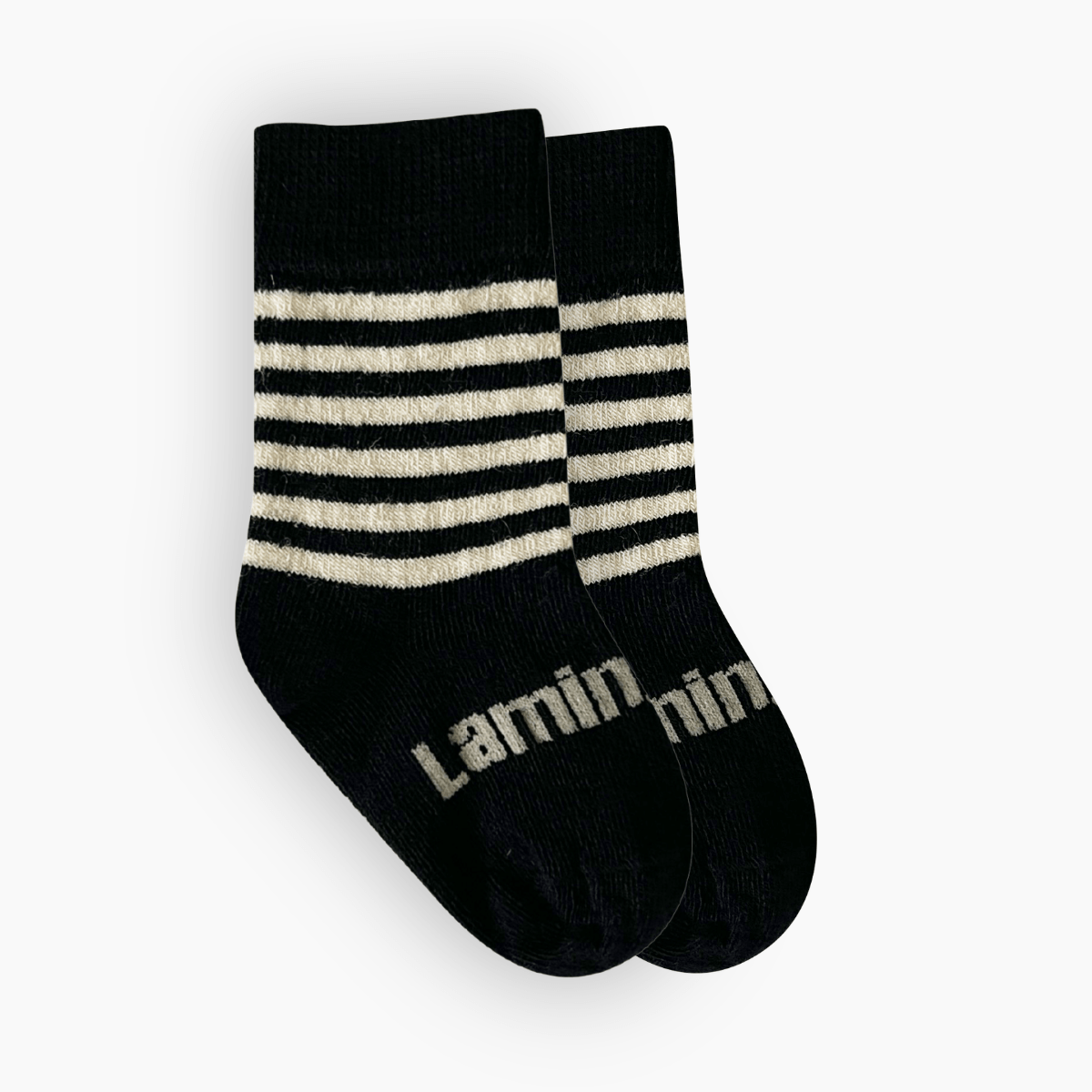 Merino Wool Crew Socks for Baby with black and latte horizontal stripes by Lamington.
