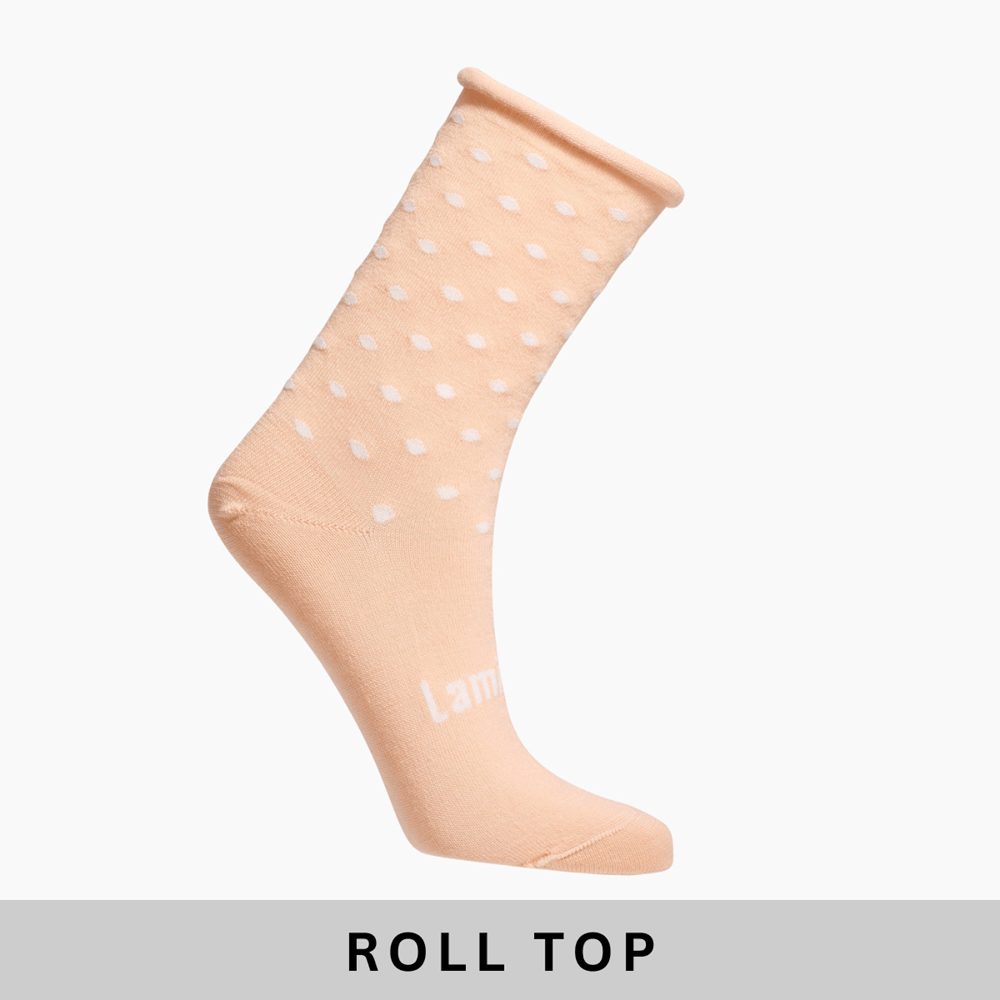 Peach and Natural spots merino wool crew socks for Women with a comfort roll top