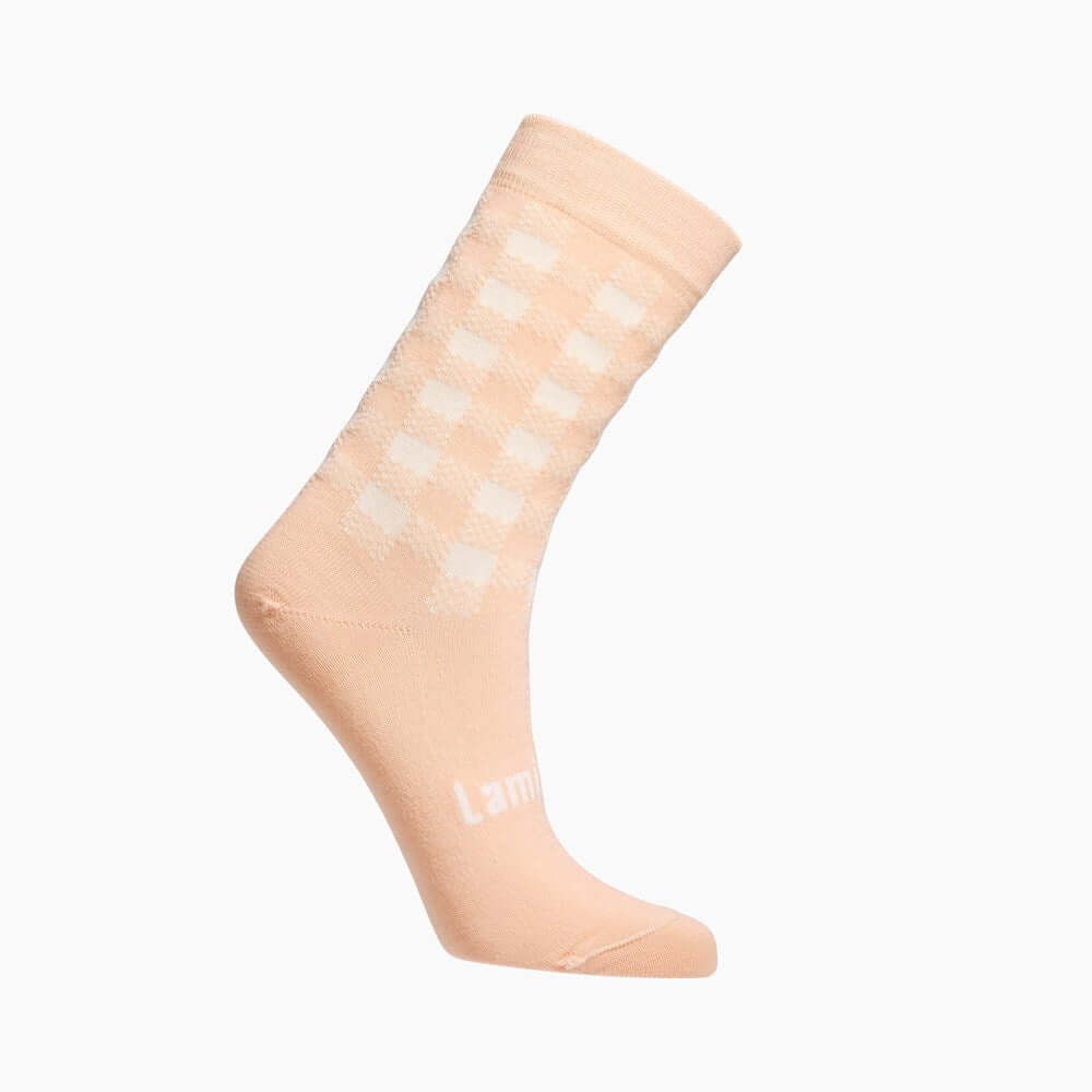 Peach and natural gingham merino wool crew socks for Women