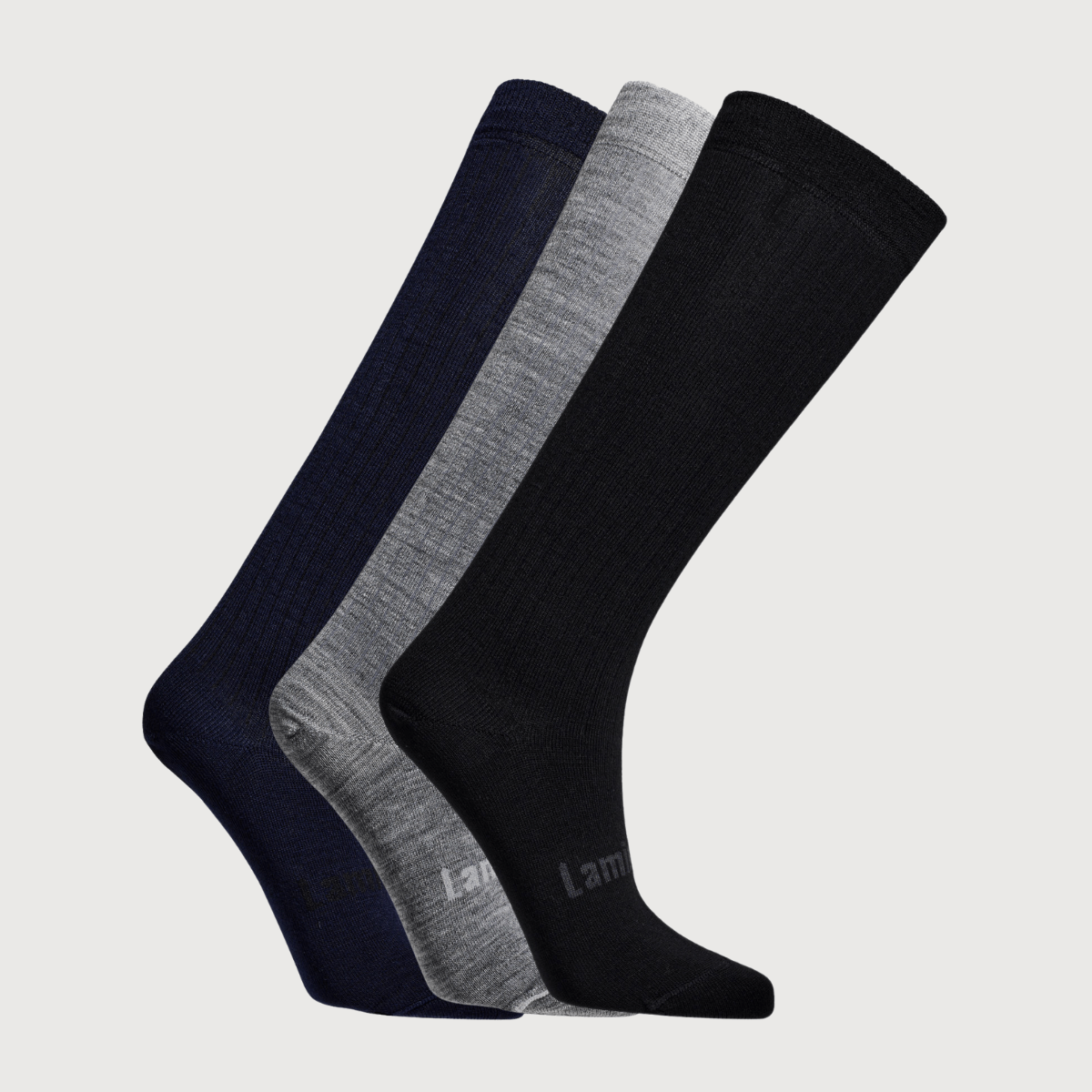Merino Wool Knee High Socks for women | Packs featuring black, grey, and navy ribbed designs.