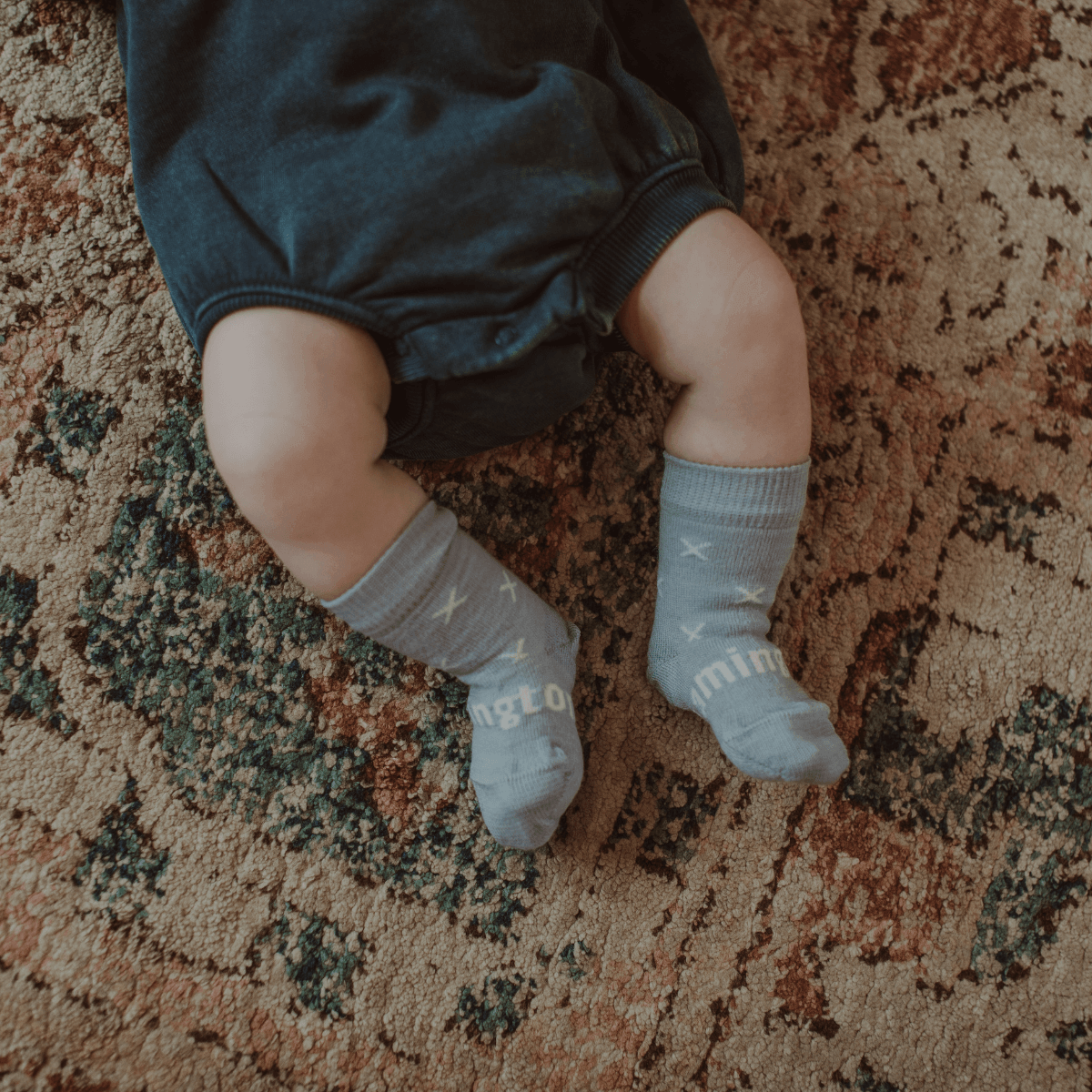 Merino Wool Crew Socks for Baby in Beau - Light Blue with Natural Cross pattern