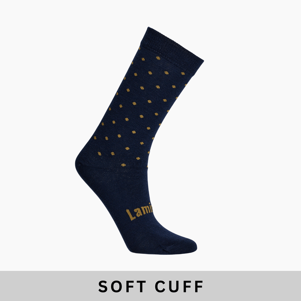 Merino Wool Soft Cuff Crew Socks for Women in navy with oxidised yellow spots and soft cuff