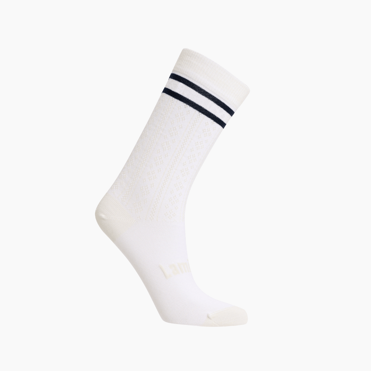 Merino Wool Crew Socks for Women - Audrey, featuring delicate lace texture and stylish black stripes.