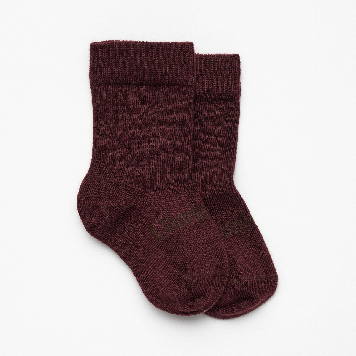 Merino Wool Crew Socks for Baby in Fig, maroon ribbed design, soft and cozy for delicate skin.