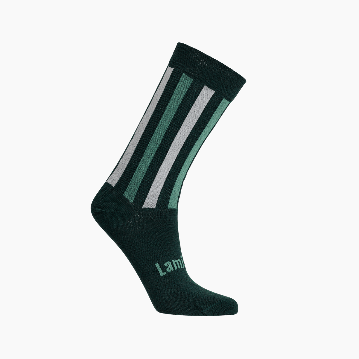 Merino Wool Crew Socks for Woman in Flax, featuring black, natural, and green vertical stripes.
