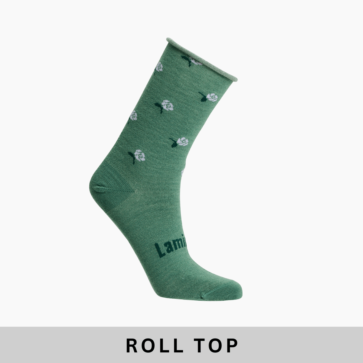 Merino Wool Roll Top Crew Socks for Women in heather green with floral design and roll top cuff.
