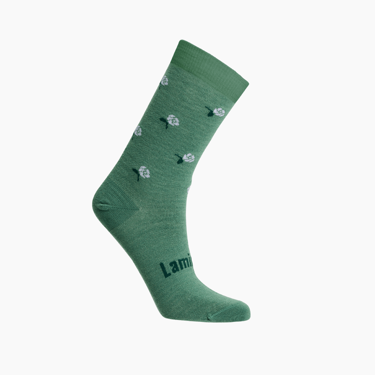 Merino Wool Crew Socks for Child in heather green with light purple flowers and dark green leaves.