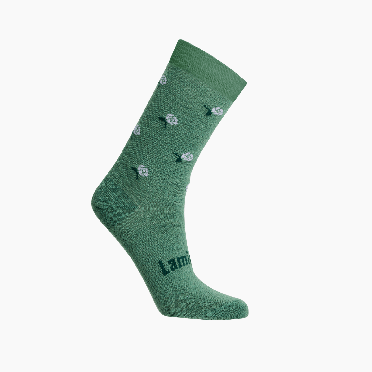 Merino Wool Crew Socks for Child in heather green with light purple flowers and dark green leaves.