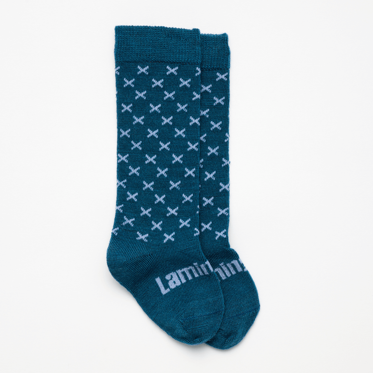 Merino Wool Knee High Socks for Baby in deep blue with baby blue cross pattern, ideal for comfort and breathability.