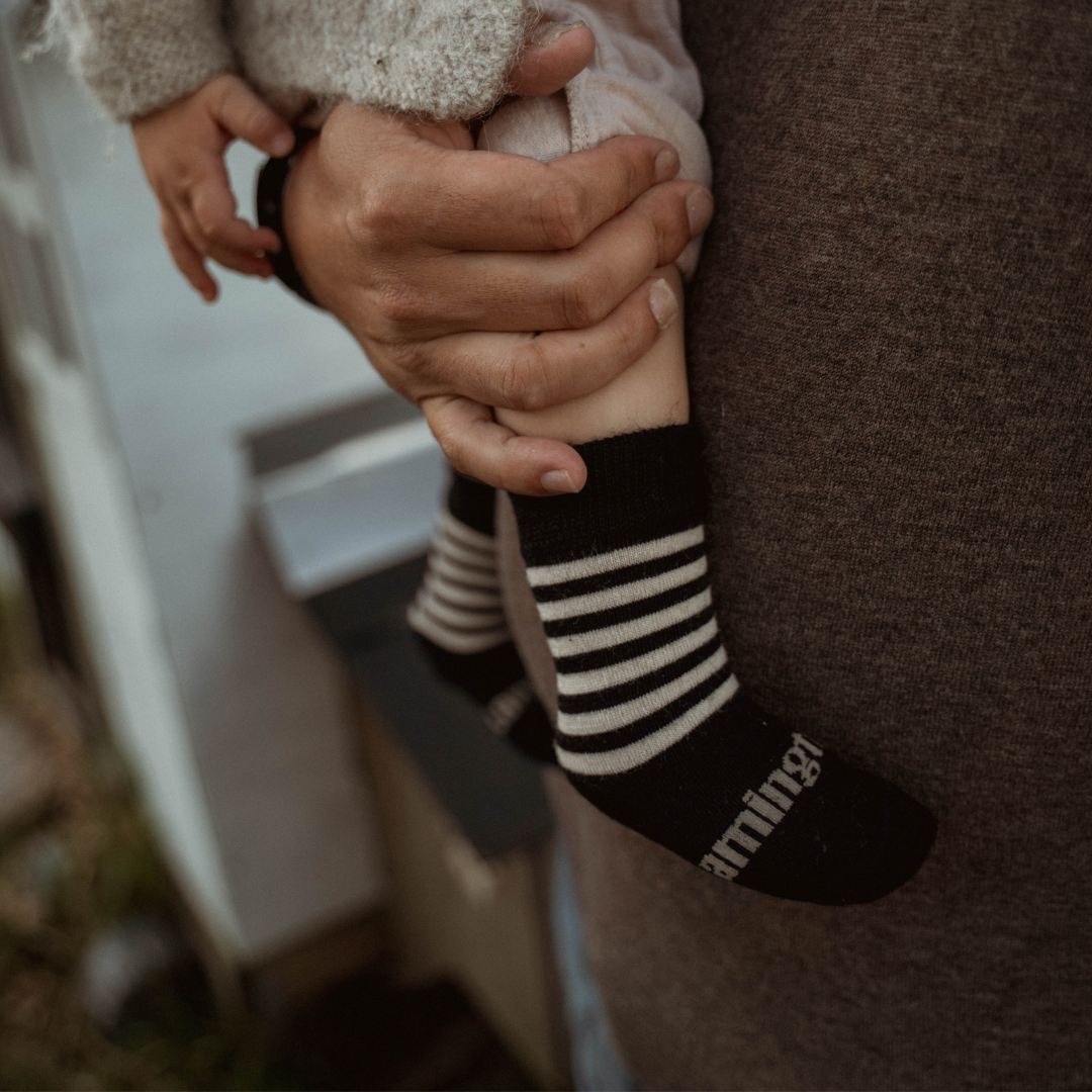 Merino Wool Crew Socks for Baby with black and latte horizontal stripes by Lamington.
