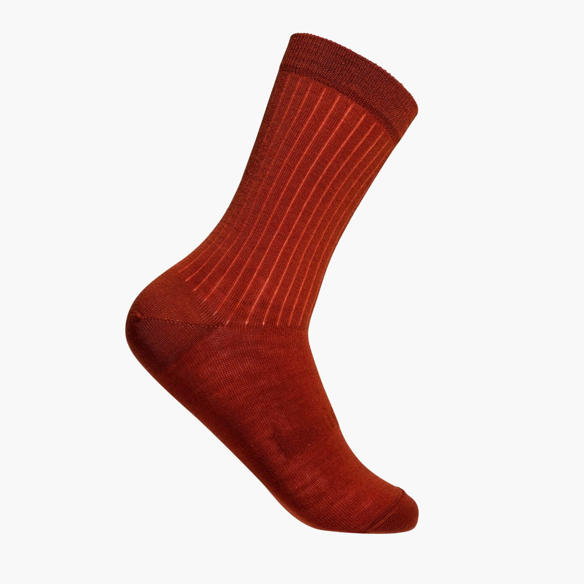 Merino Wool Crew Socks in Spice color, rust ribbed design, ideal for comfort and style.