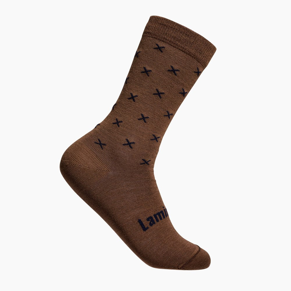 Brown with Dark Blue Crosses merino wool crew socks for men AUS
