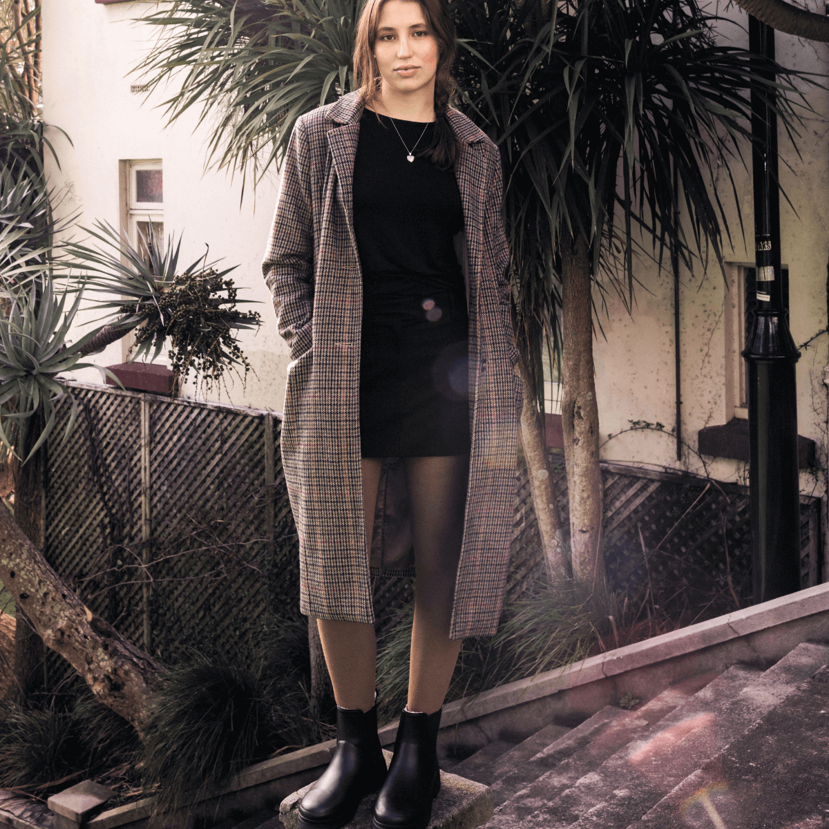 woman wearing walnut brown merino wool tights aus