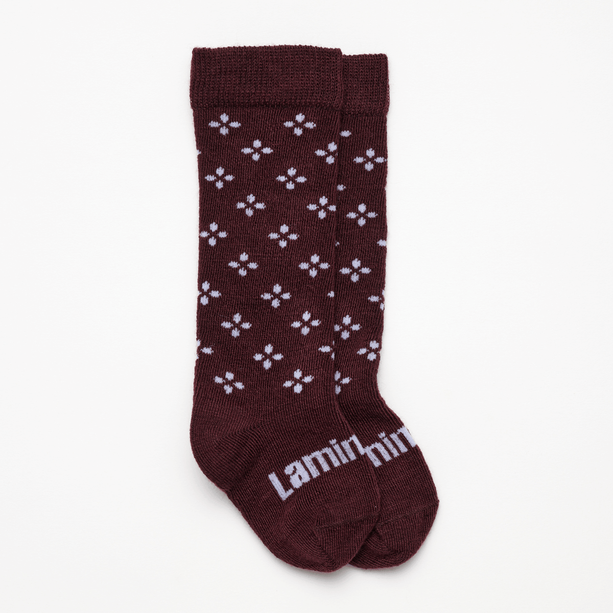 Merino Wool Knee High Socks for Baby in rich fig with lilac cross pattern, soft and breathable for delicate skin.