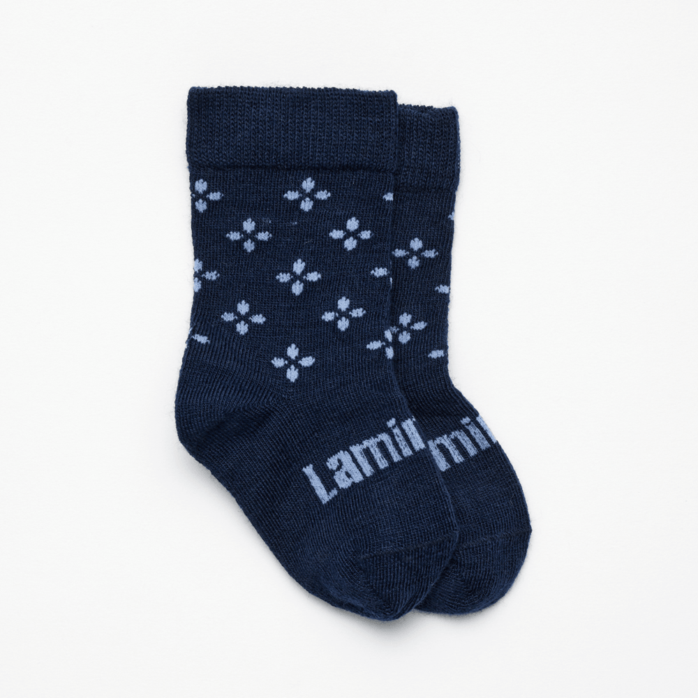 Merino Wool Crew Socks for Baby with a navy base and light blue tear drop cross pattern.