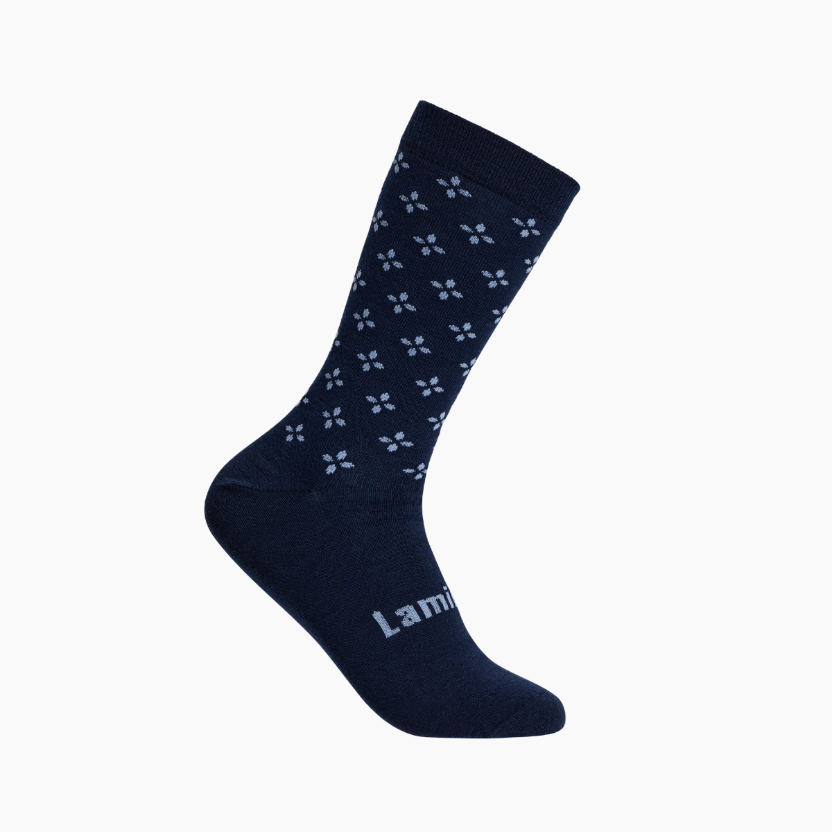 Merino Wool Crew Socks featuring a navy base with light blue cross pattern, designed for comfort and style.