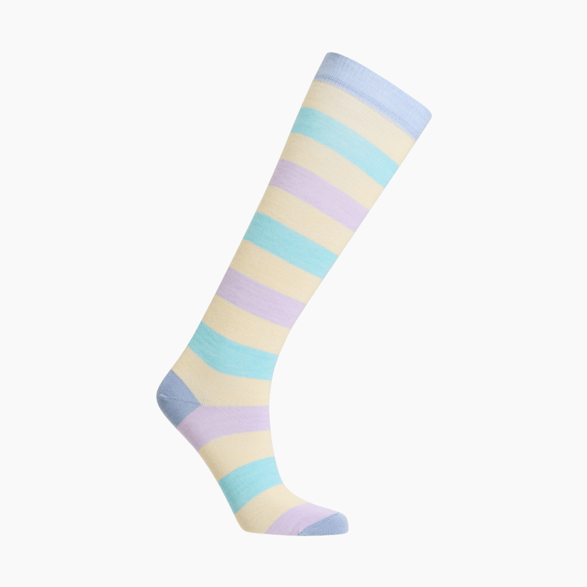Merino Wool Knee High Socks for Woman in pastel colors of blue, yellow, green and purple with wide stripes.