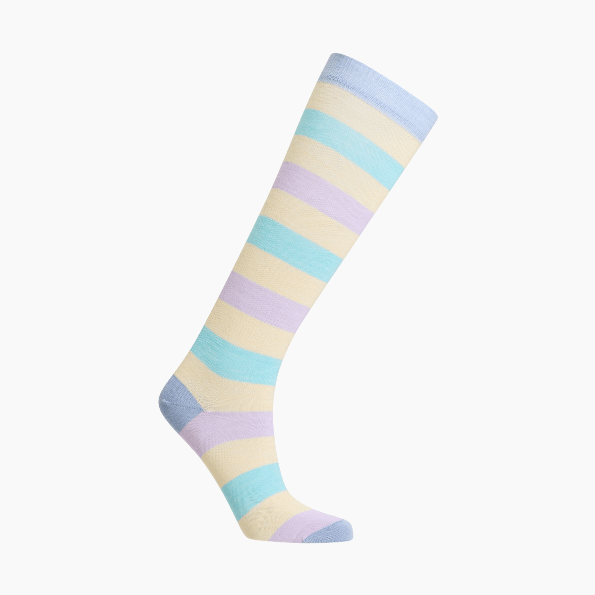 Merino Wool Knee High Socks for Child in pastel stripes of blue, yellow, green, and purple, providing warmth and comfort.