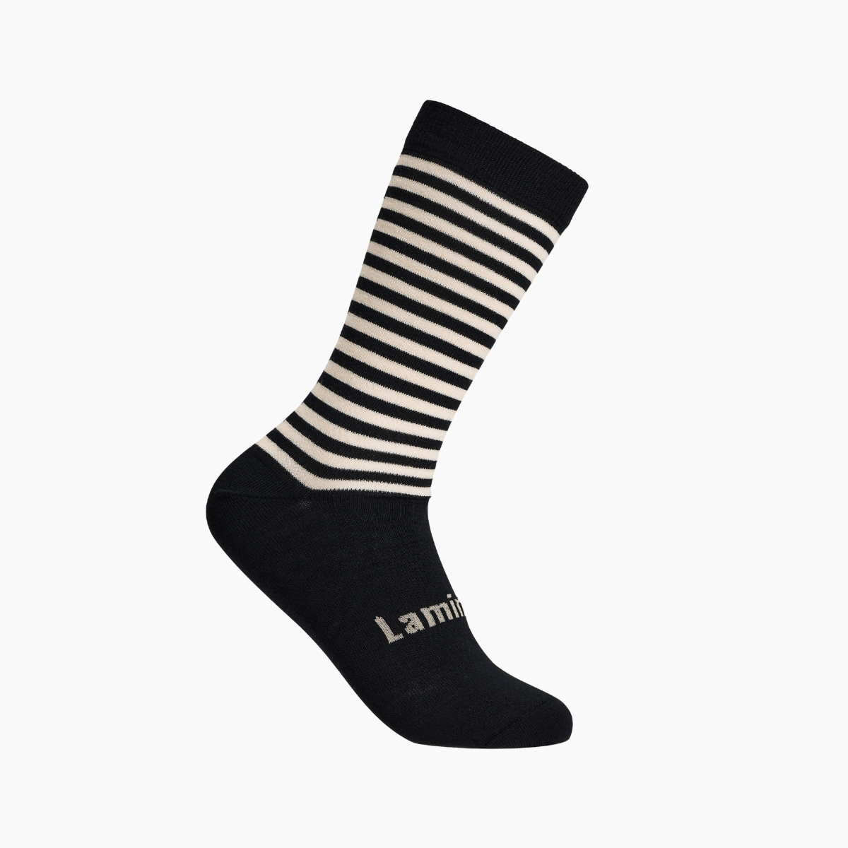 Merino Wool Crew Socks featuring a classic black base with latte colored horizontal stripes.