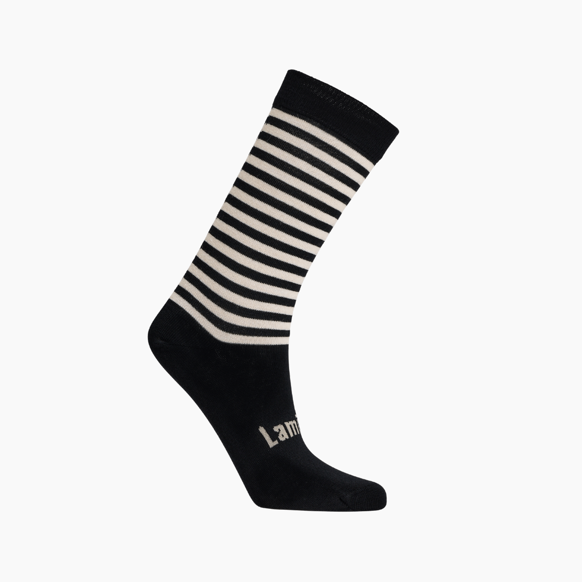 Merino Wool Crew Socks for Woman - West with black and latte horizontal stripes, perfect for cozy and stylish wear.