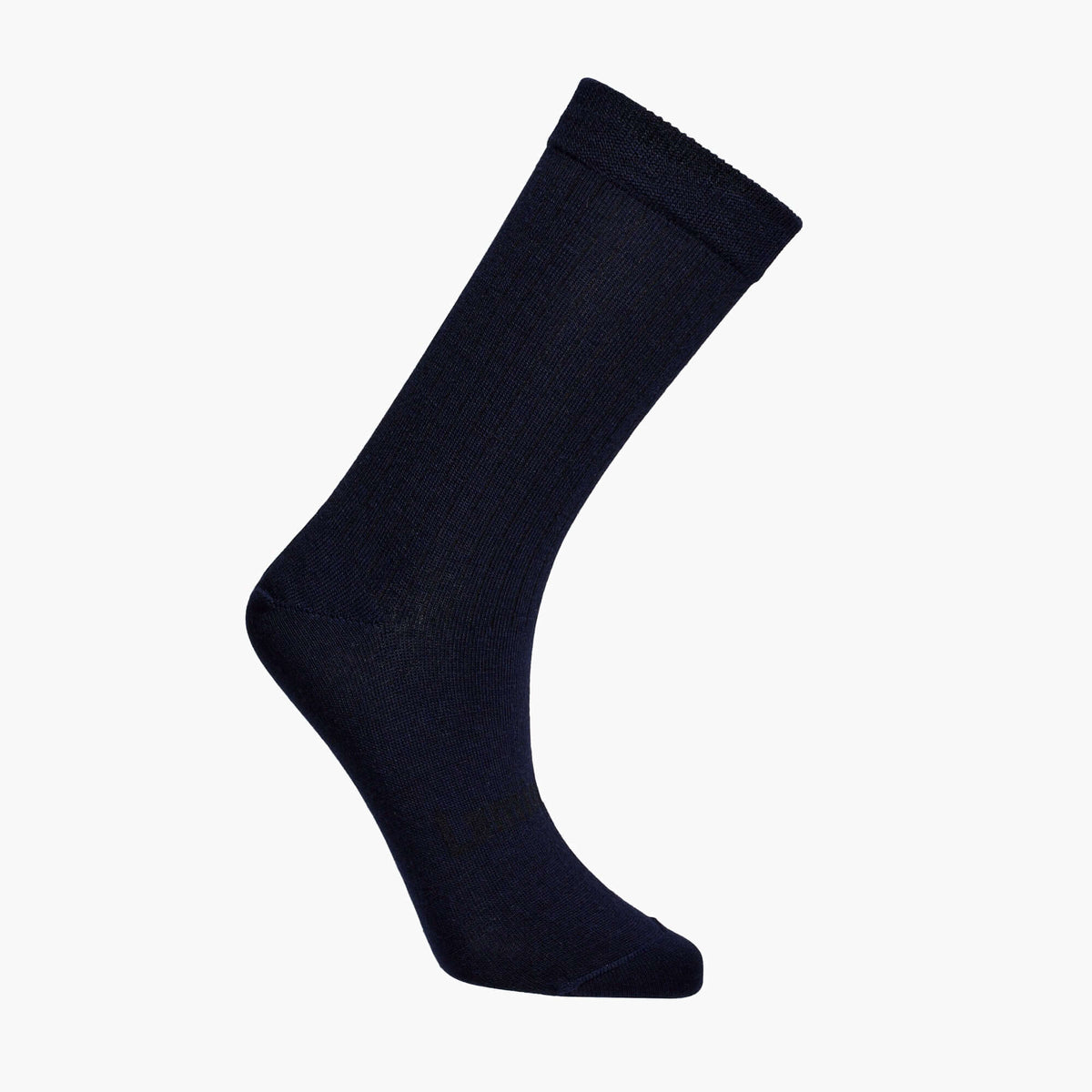 Merino Wool Soft Cuff Crew Socks in navy color, showcasing a ribbed design and soft cuff.