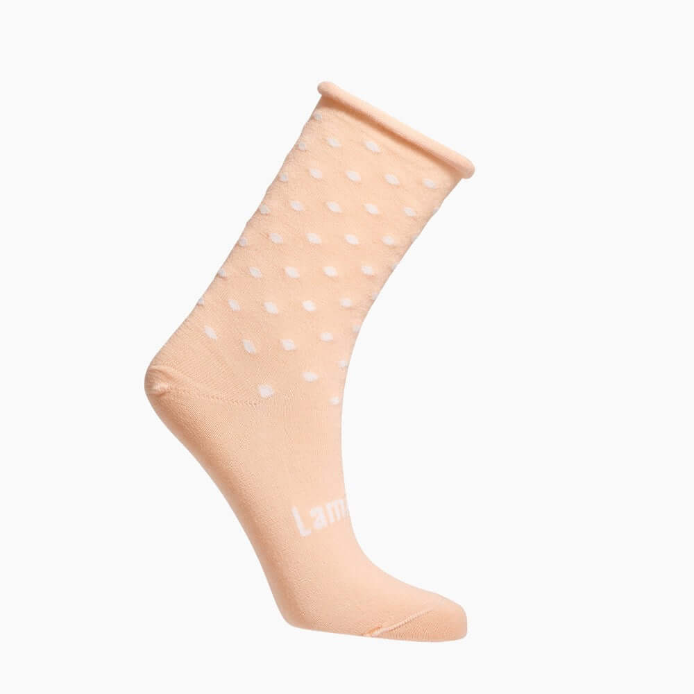 Peach with Natural spots merino wool crew socks for children with a roll top 