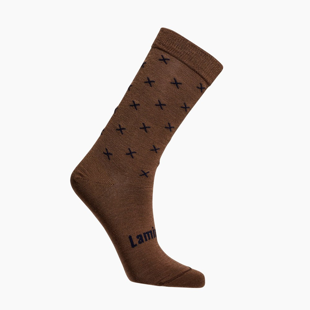Brown with Dark Blue Crosses merino wool crew socks for women AUS