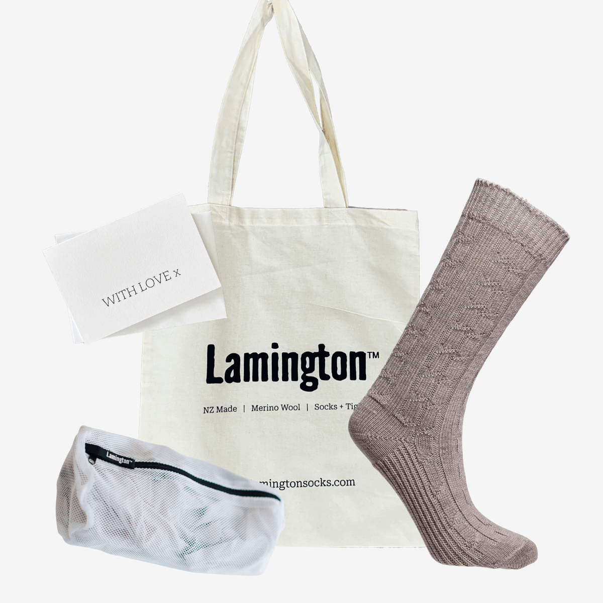 luxury 80% Merino Wool Sunday Socks with a cable pattern in a soft warm grey, with a Tote Bag and Laundry Bag