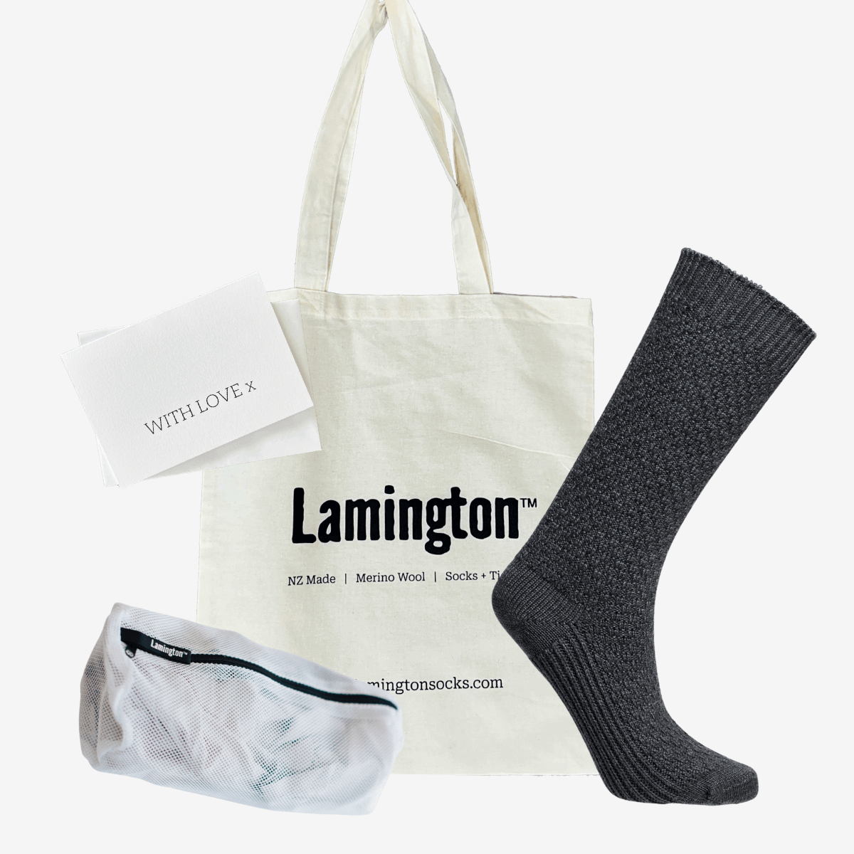 luxury 80% Merino Wool grey Sunday Socks with a waffle pattern, with a Tote Bag and Laundry Bag