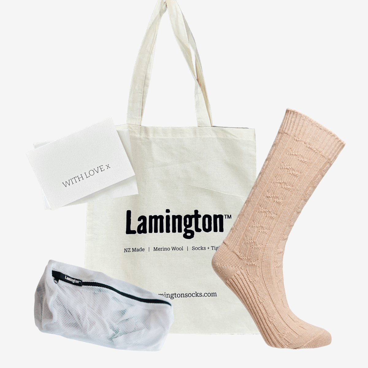 luxury 80% Merino Wool Sunday Socks with a cable pattern,  with a Tote Bag and Laundry Bag