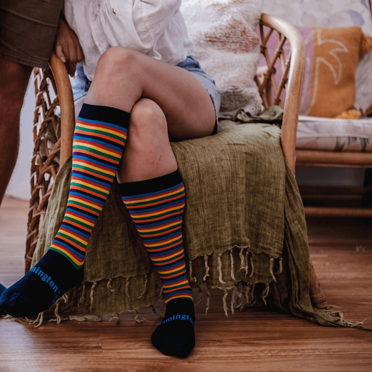 woman wearing socks knee-high rainbow merino wool au